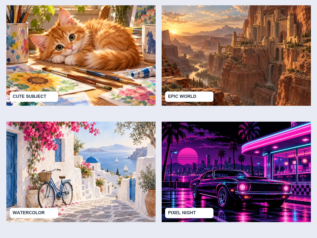 Board of art ideas from the random art topic generator: a drawing prompt, worldbuilding, watercolor practice, and AI art