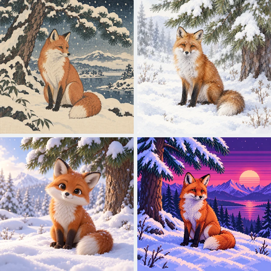 Four AI artworks made from prompts that share a theme but use different art styles