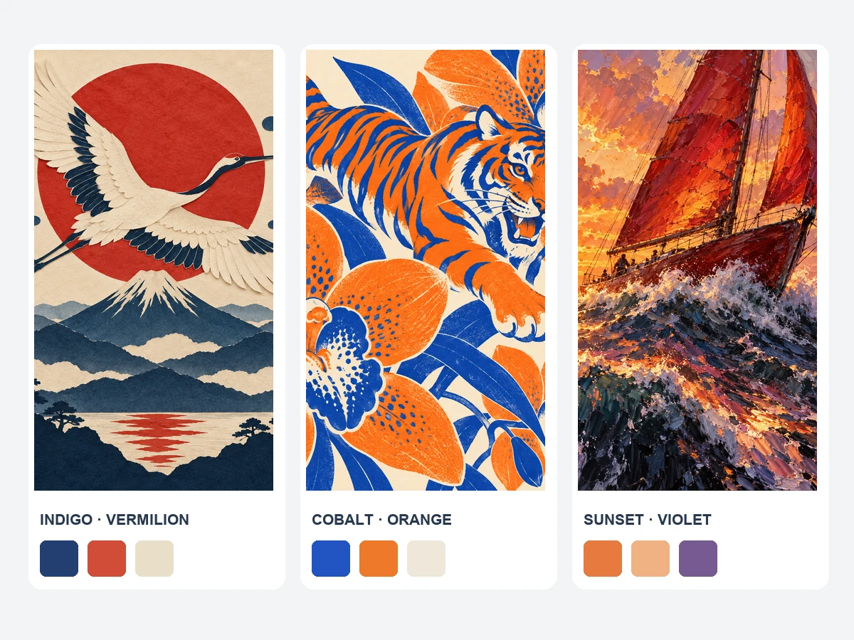 Three AI artworks with their color palette swatches, lighting, and aspect ratio from the art prompt generator