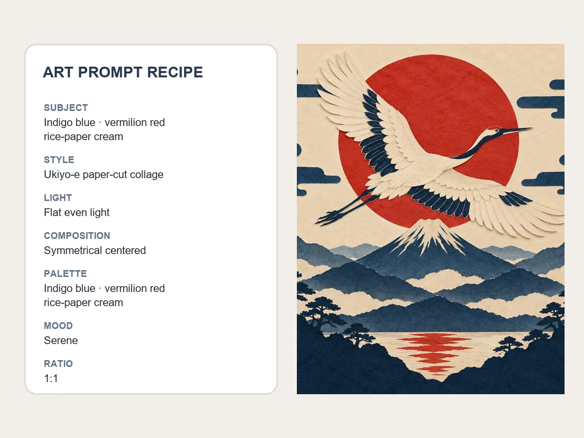 A color-coded art prompt from the random art prompt generator next to the Ukiyo-e crane picture it produced