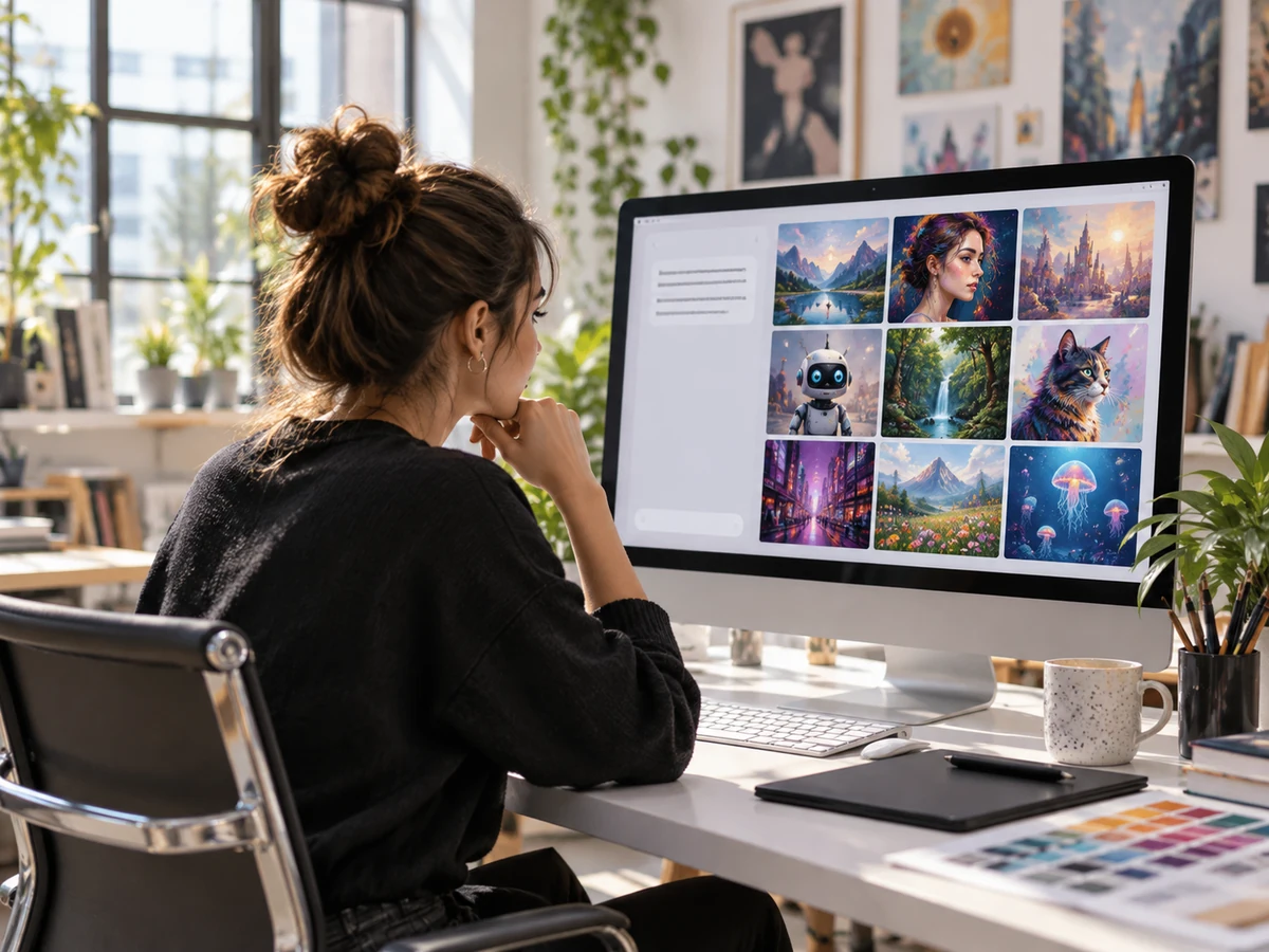 Designer turning an AI art prompt into finished images on a large screen