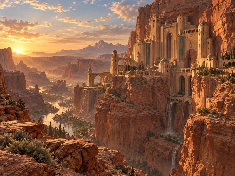 Concept art of a sandstone citadel carved into a desert cliff with a camel caravan below