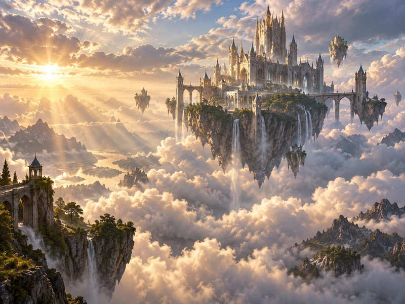 Fantasy concept art of a floating castle with waterfalls and airships above the clouds