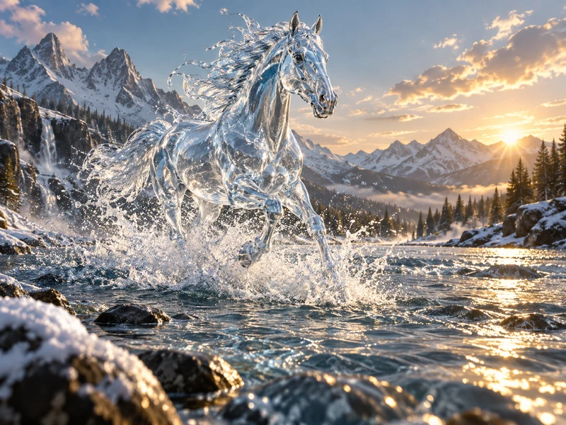 AI concept art of a glass horse galloping through a mountain river at golden hour
