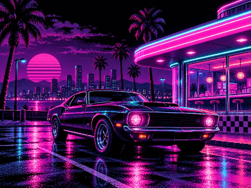 Synthwave pixel art of a vintage muscle car parked outside a neon diner at night