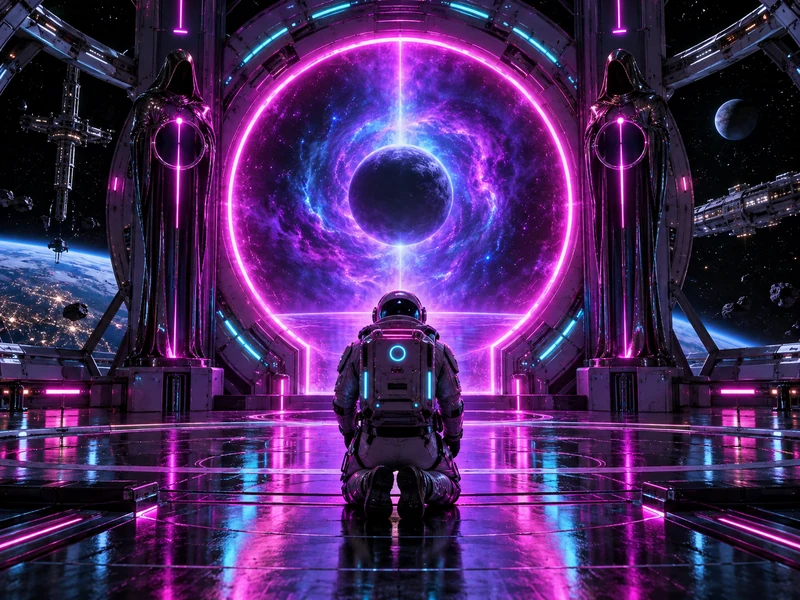 Cyberpunk 3D render of an astronaut kneeling before a glowing neon triangle portal