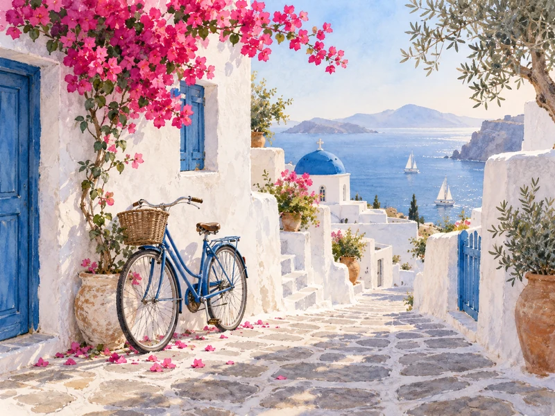 Watercolor painting of a whitewashed seaside lane with a blue bicycle and pink flowers