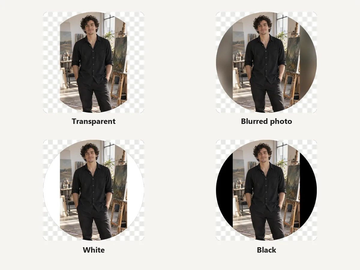 A fitted circle avatar with transparent, blurred, white, and black fills