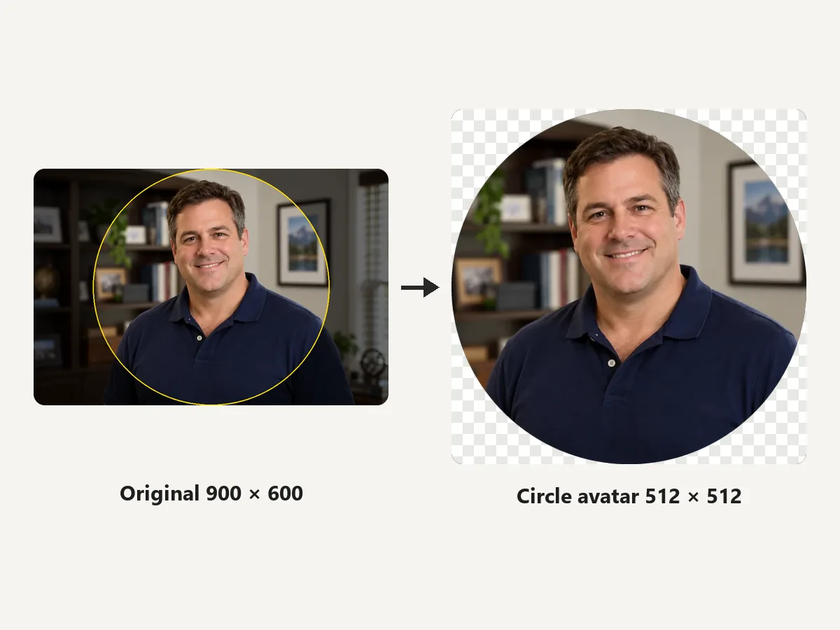 Photo with a circular crop marked, next to the finished 512x512 circle avatar