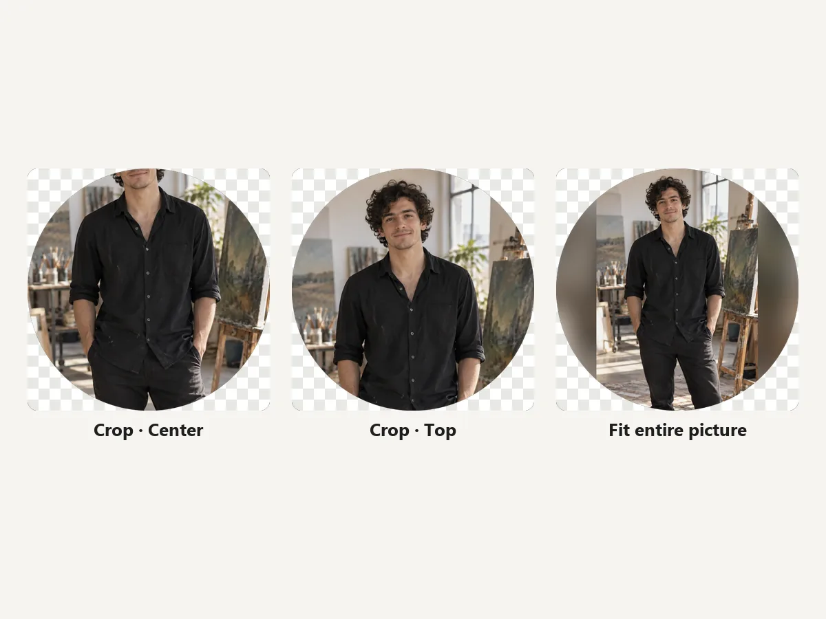 One full-length photo as a center crop, a top crop, and fitted entirely inside a circle PFP