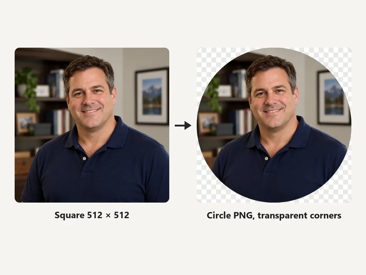 The same headshot as a 512x512 square avatar and as a circle PNG with transparent corners