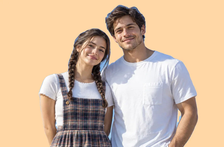 Drag to compare the couple under a blue sky and on a peach background (after)
