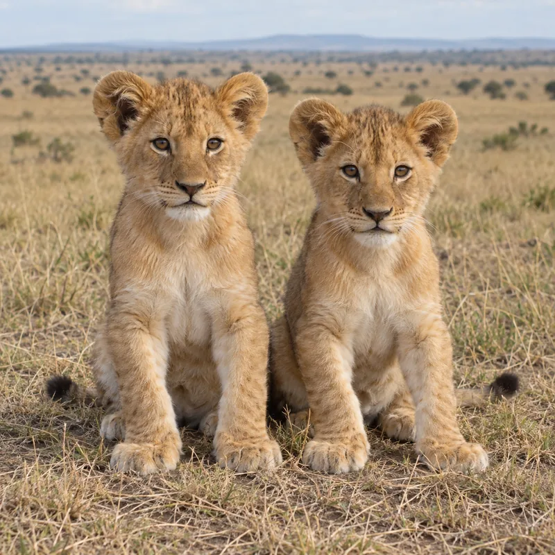 Drag to compare the lion cubs in the grass and on a black background (before)