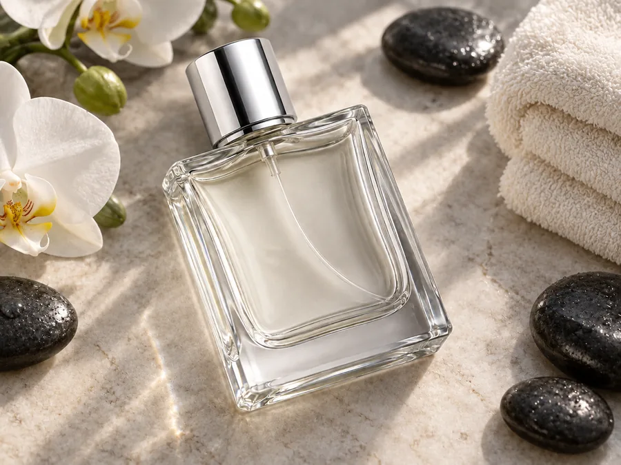 Drag to compare the perfume bottle on a plain backdrop and in a spa scene (after)