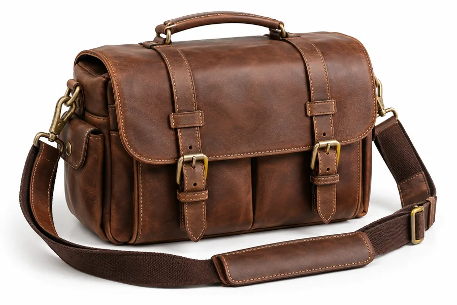 Brown leather camera bag isolated on a clean white background after background removal