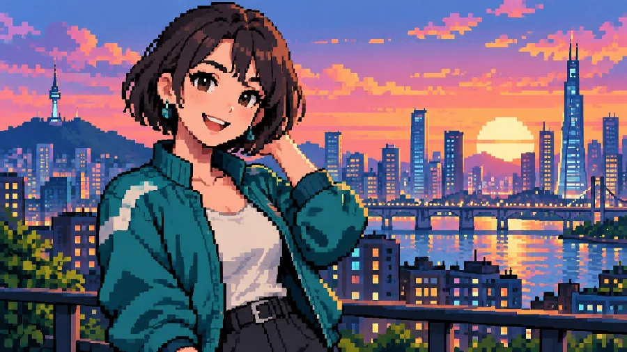 Drag to compare the pixel-art portrait with its city background and on transparency (before)