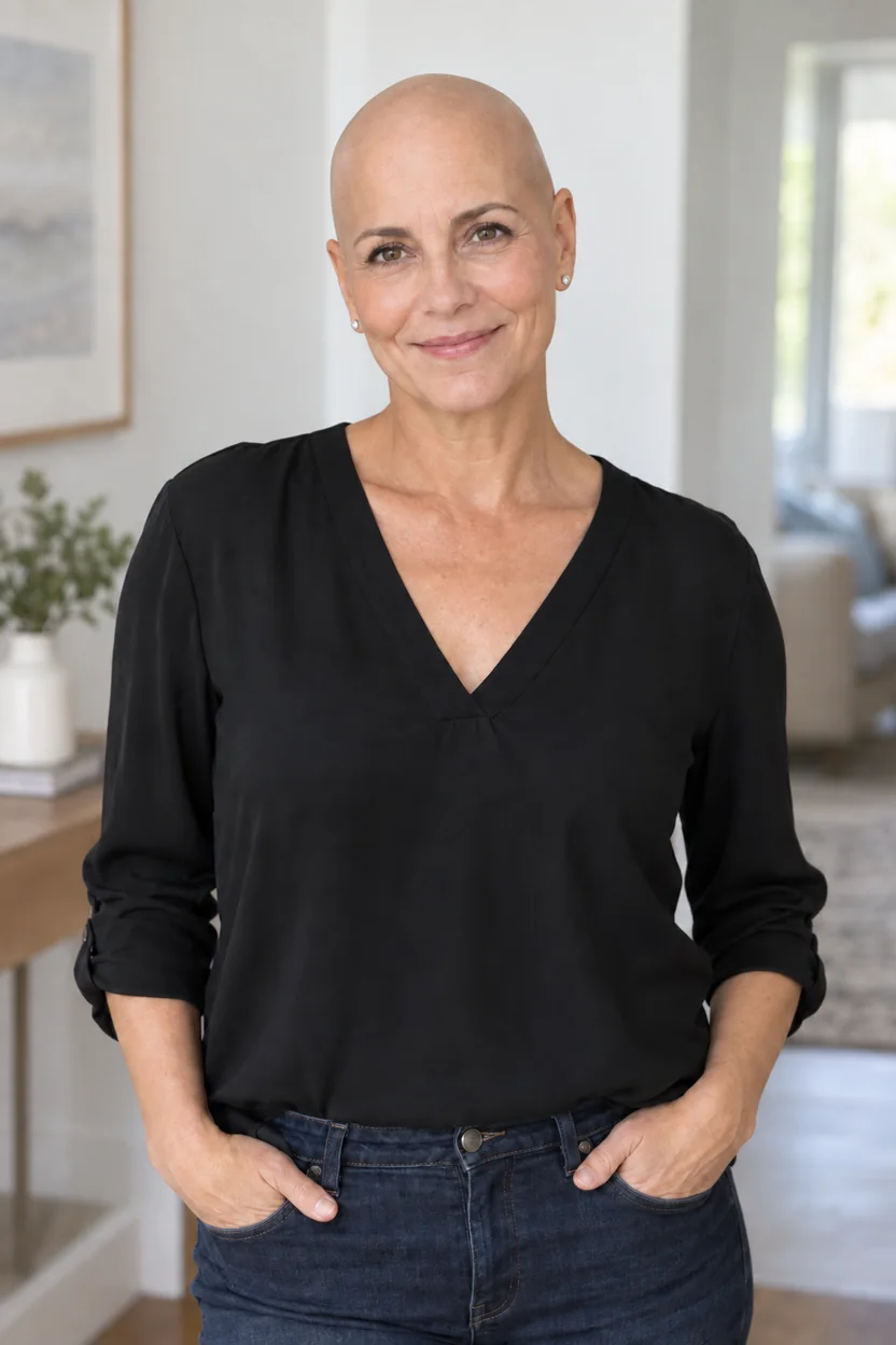 Woman with a smooth bald head created by the AI bald filter