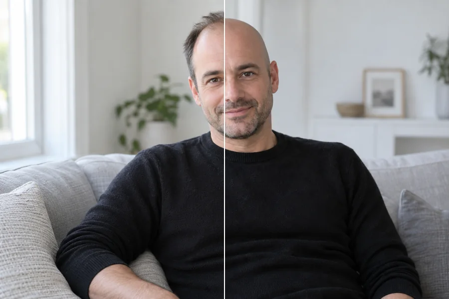 The same man with thinning hair on the left and a fully bald head on the right
