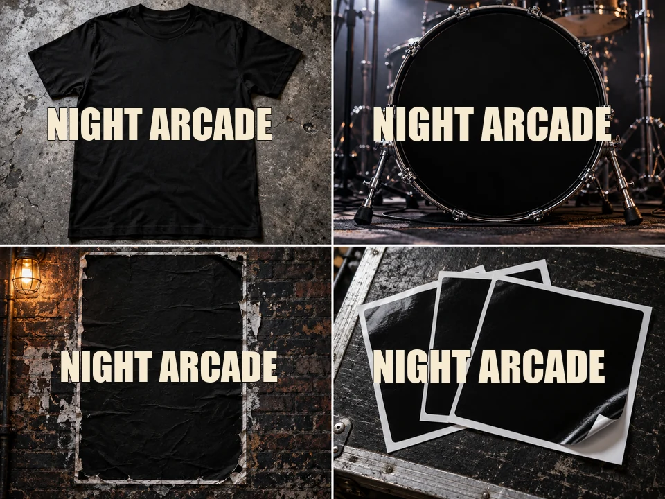 Band logos for a marching band, a folk wedding band, a samurai mascot DJ, and a jazz podcast