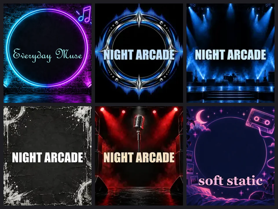 Band name wordmarks in neon script, chrome, graffiti, and marquee lettering