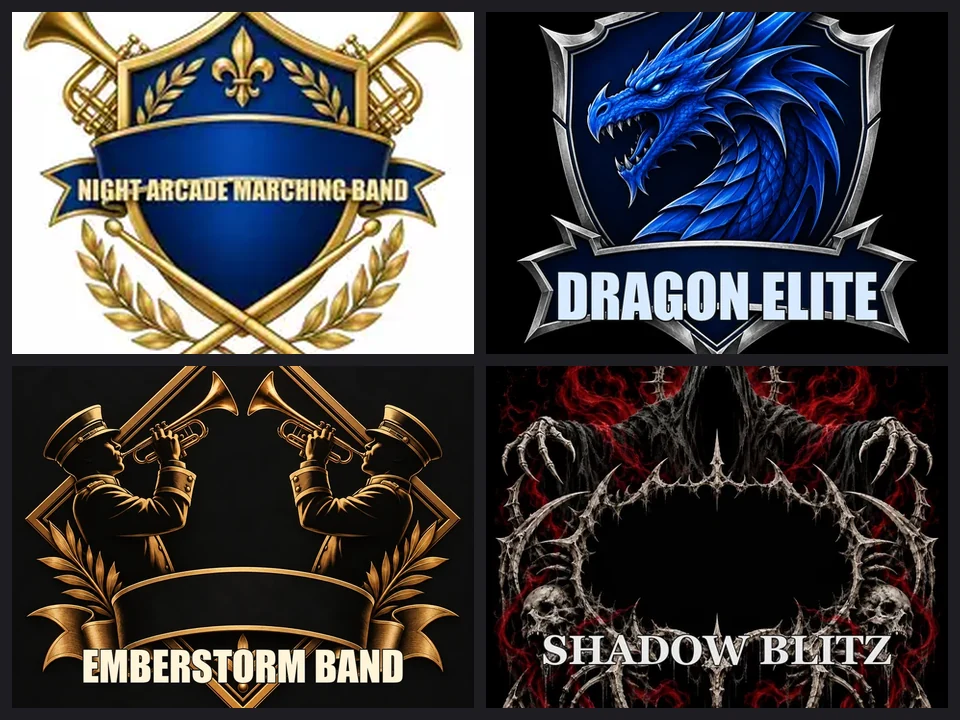 Band symbol maker results: a school band shield, a dragon crest, a brass band diamond, and a hooded mascot badge