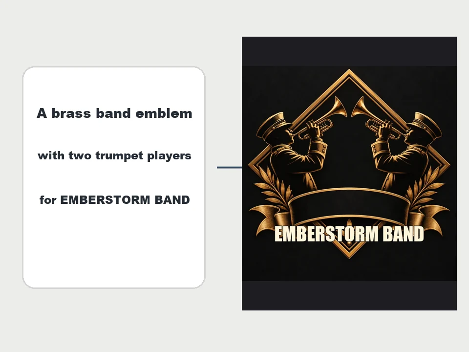 A written prompt next to the marching band logo the AI band logo generator made from it