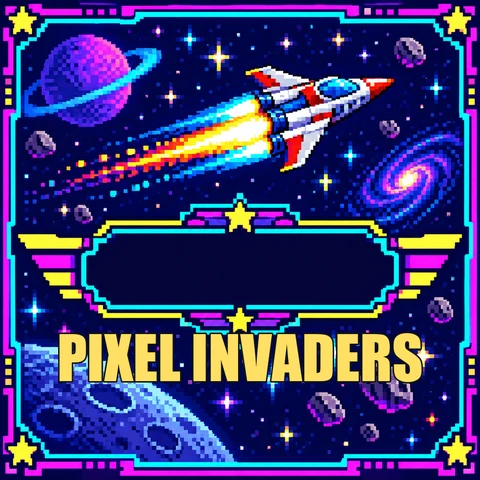 Chiptune band logo with a pixel spaceship and PIXEL INVADERS arcade letters