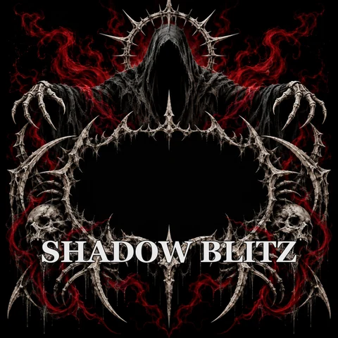 Rock band logo generator idea: a hooded figure above spiky SHADOW BLITZ lettering