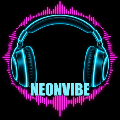 Band logo generator AI example: neon headphones and a soundwave above NEONVIBE