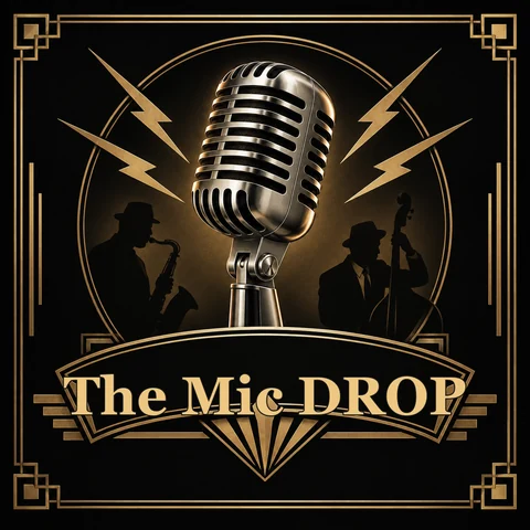 Jazz club band logo with a vintage microphone and yellow lightning bolts