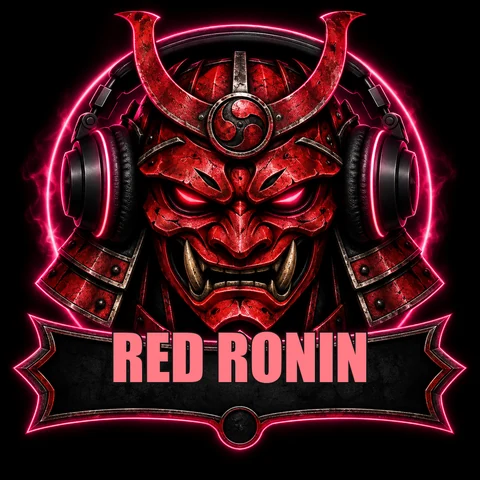 AI band logo generator mascot: a red samurai mask with headphones and neon lettering