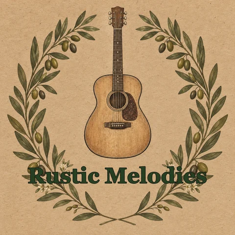 Wedding folk band logo with an acoustic guitar in a leafy wreath and Rustic Melodies lettering