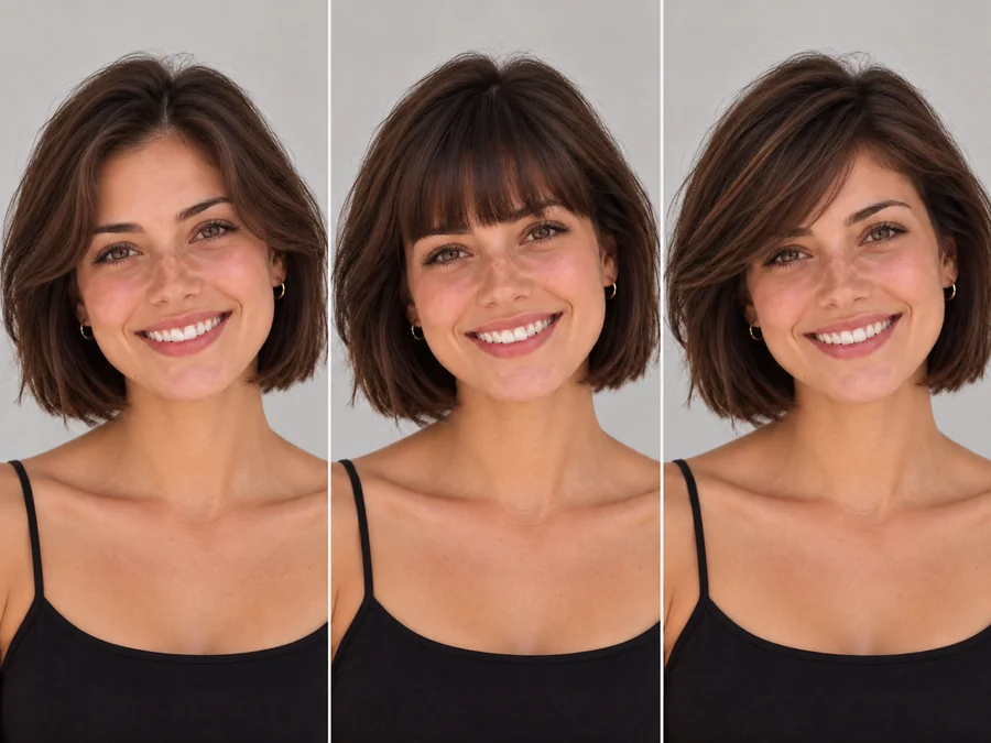 The same woman shown with three different bangs styles generated from one portrait