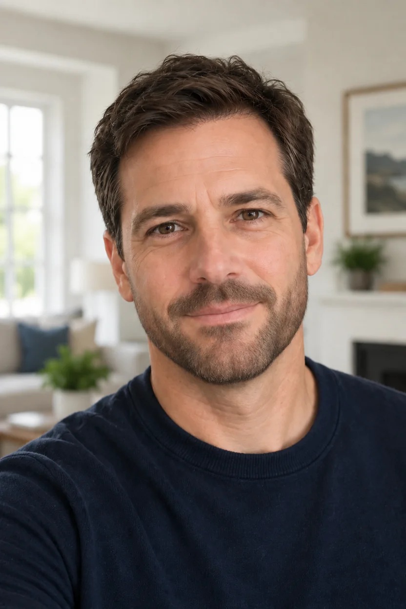 Drag to compare the middle-aged man before and after the beard filter (after)