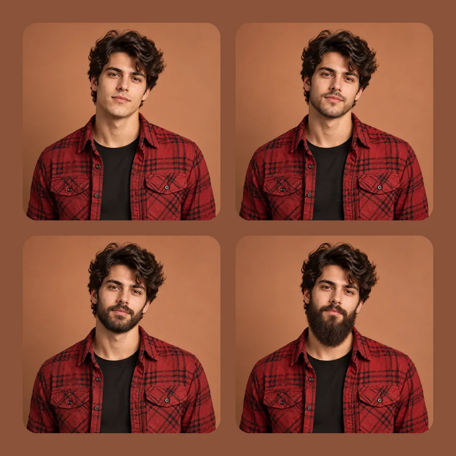 One young man shown clean-shaven and with three different AI beard styles