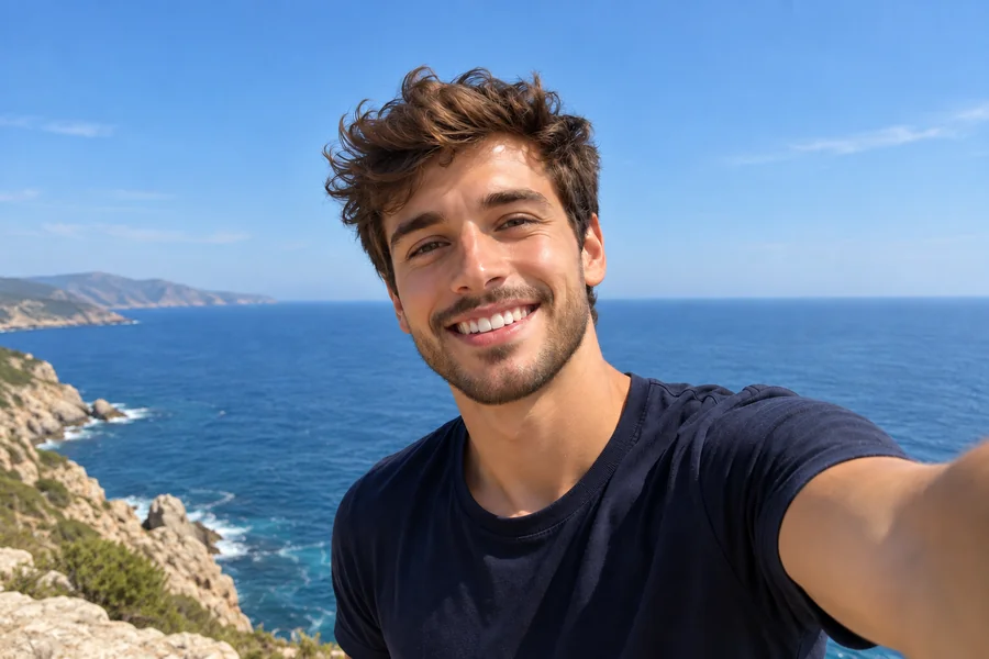 Drag to compare the profile photo before and after adding a beard (after)