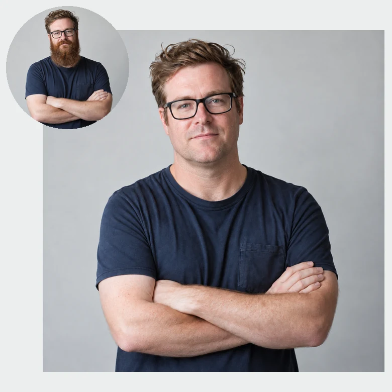 A man with a long beard and glasses, and the same man clean-shaven with the glasses unchanged