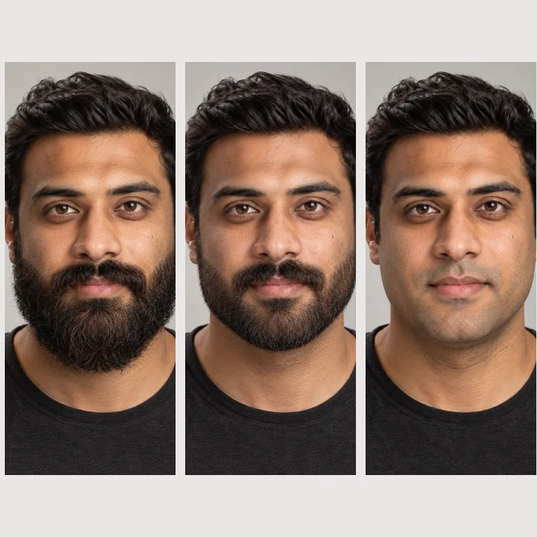 The same man with a long beard, a short trimmed beard and a clean-shaven face after AI beard removal