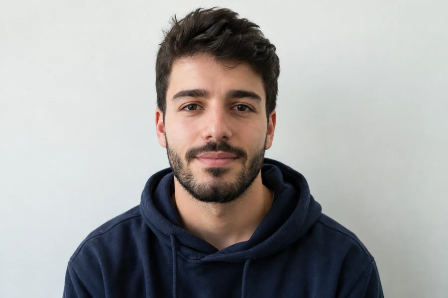 Drag to compare the bearded headshot and the clean-shaven headshot (before)