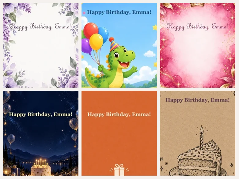 Six AI generated birthday cards in floral, cartoon, glam, minimal, 3D cake, and butterfly styles