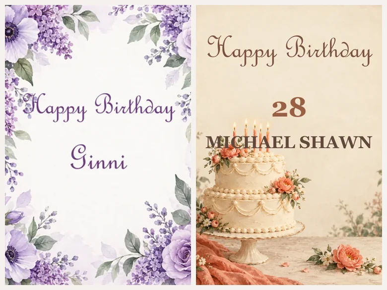 Two AI birthday cards with names: a watercolor floral card for Ginni and an illustrated cake card for Michael Shawn