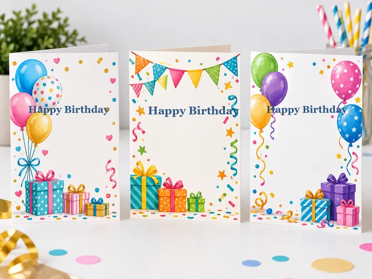 Three AI birthday cards with bunting, balloons, party hats, and Happy Birthday lettering