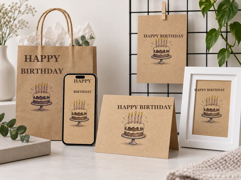 The same hand-drawn birthday card design on a gift bag, a phone screen, a greeting card, and a framed print