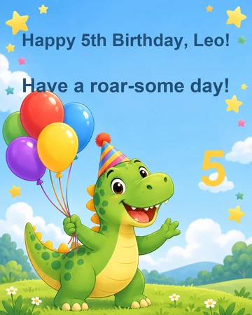 Kids birthday card with a cartoon crocodile holding a balloon and the words Happy Birthday Dino
