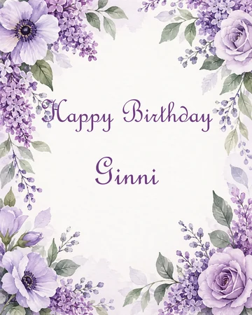 Watercolor floral birthday card with purple flowers and Happy Birthday Ginni in script