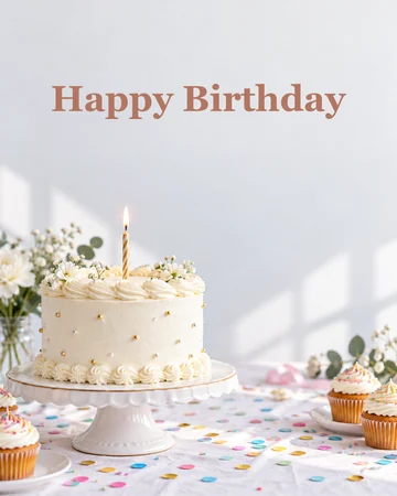 White birthday cake with one candle on a cake stand next to cupcakes