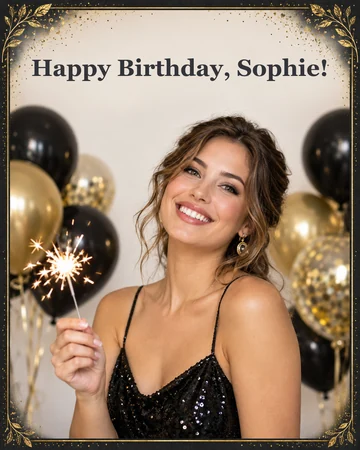 Woman celebrating with black and gold balloons and a sparkler for a photo birthday card