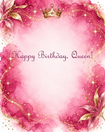 Pink and gold birthday card with a crown and the words Happy Birthday, Queen!