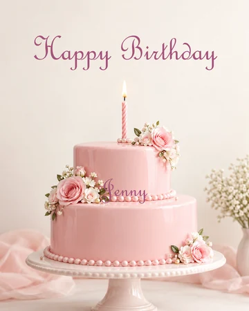 Pink 3D birthday cake with a candle and the name Jenny piped on the front