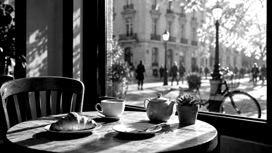 Drag to compare the cafe table photo and the Film Noir black and white version (after)